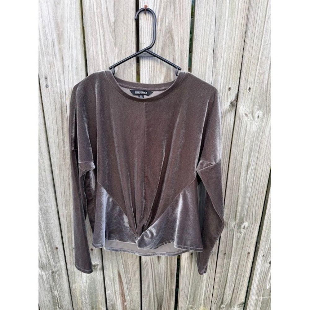 Velvet Luxe Minimalist Ellen Tracy Twist Front Top S Taupe Grey Long Sleeve